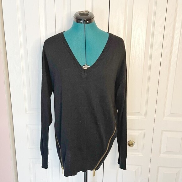 Michael Kors V Neck Cotton Angora Dual Side Gold Zippers Long Sleeve Sweater - Picture 1 of 13